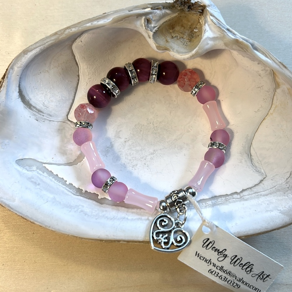 Handmade stone and glass stretch beaded charm bracelet